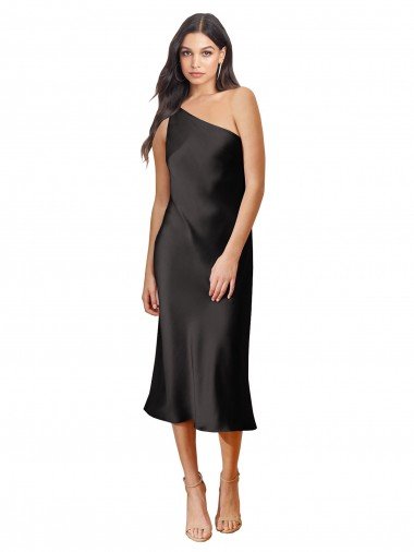 Sleek One Shoulder Midi Length Short Stretch Satin Slip Cocktail Evening Dress Canada