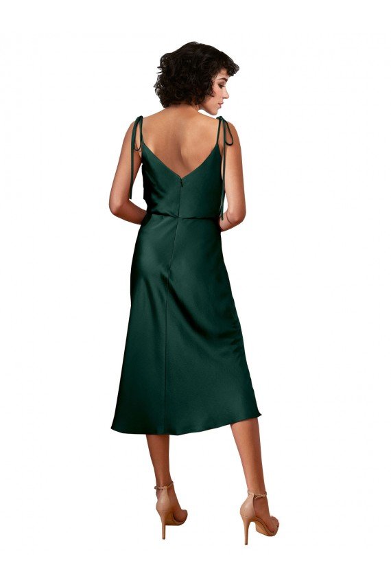 Spaghetti Straps Tie Shoulders Cowl Neck Short Midi Length Stretch Satin Cocktail Evening Dress