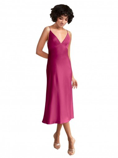 Midi Length V-Neck Short Stretch Satin Cocktail Evening Dress with Low Scoop Back Canada