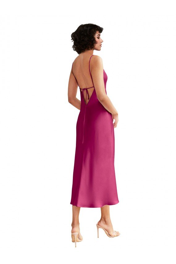 Midi Length V-Neck Short Stretch Satin Cocktail Evening Dress with Low Scoop Back