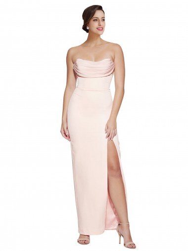 Cowl Neck Strapless Stretch Satin Evening Dress with High Split Canada