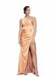 One Shoulder Ruched Stretch Satin Evening Dress with Thigh High Split