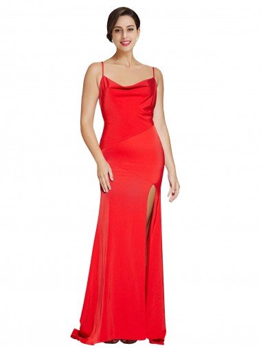Low Back Cowl Neck Stretch Satin Evening Dress with High Side Slit Canada