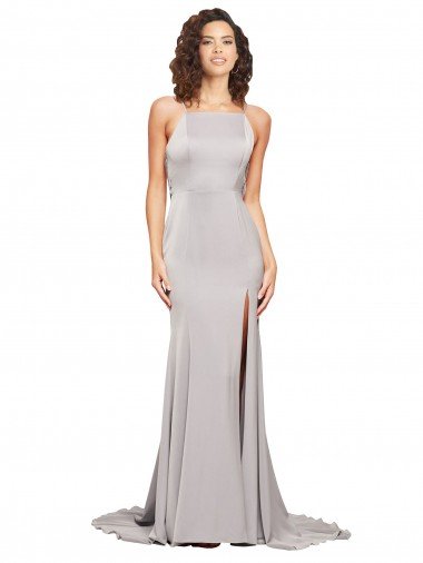 High Neck Low Back Long Full Length Stretch Satin Evening Dress Canada