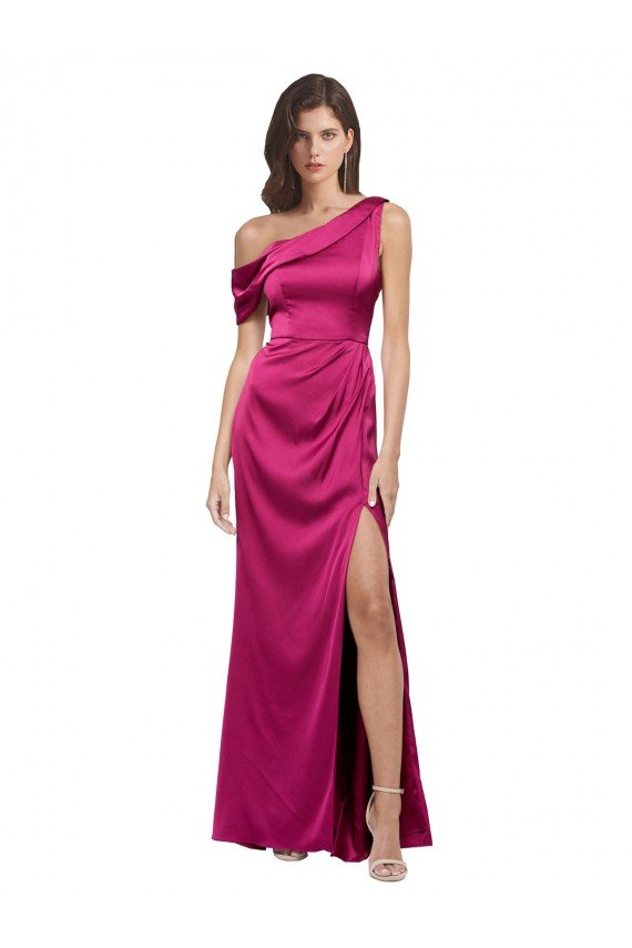 Off the Shoulder Short Sleeves Stretch Satin Evening Dress with Side Slit