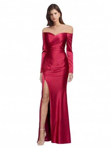 Long Sleeves Off the Shoulder Stretch Satin Evening Dress with High Side Split Canada