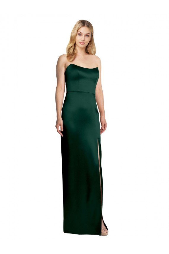 Scooped Strapless Neckline Stretech Satin Evening Dress with Side Slit