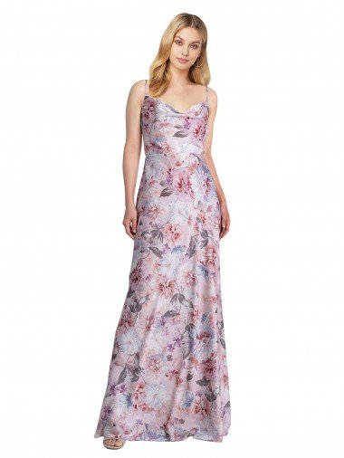 Draped Cowl Neck Long Printed Stretch Satin Evening Dress Canada
