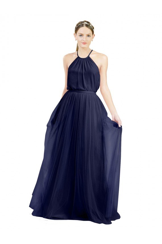 Long A-Line High Neck Halter Tulle Evening Dress