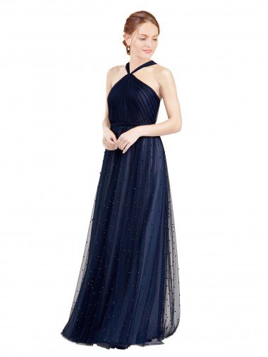 Floor Length Long Halter Pleated Tulle Evening Dress Canada