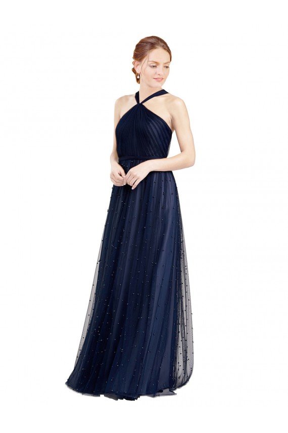 Floor Length Long Halter Pleated Tulle Evening Dress