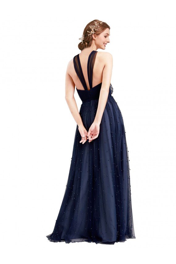 Floor Length Long Halter Pleated Tulle Evening Dress