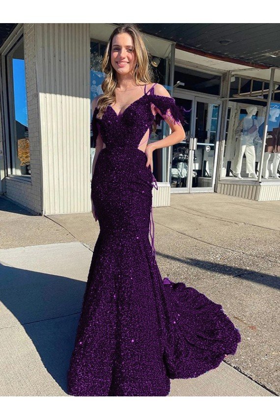 Cold Shoulder Sleeveless Long Court Train Velvet Sequin Evening Dress