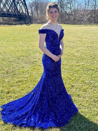 Off the Shoulder Sleeveless Long Sweep Train Velvet Sequin Evening Dress Canada