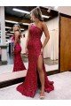 Mermaid One Shoulder Sleeveless Long Sweep Train Velvet Sequin Evening Dress with High Slit