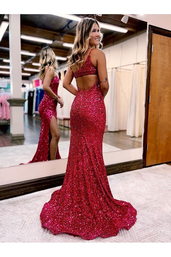 Mermaid One Shoulder Sleeveless Long Sweep Train Velvet Sequin Evening Dress with High Slit