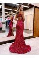 Mermaid One Shoulder Sleeveless Long Sweep Train Velvet Sequin Evening Dress with High Slit