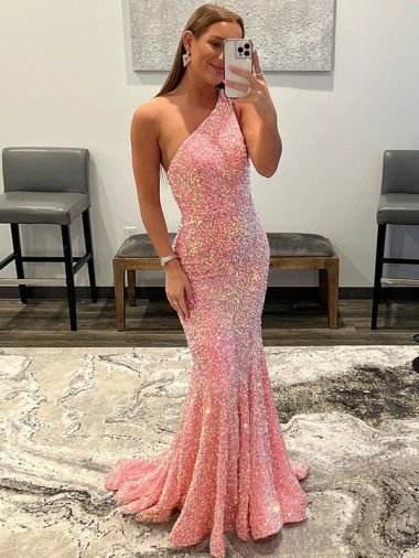 Open Back One Shoulder Sleeveless Long Sweep Train Velvet Sequin Evening Dress Canada