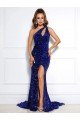 Mermaid One Shoulder Sleeveless Long Court Train Velvet Sequin Evening Dress with Slit