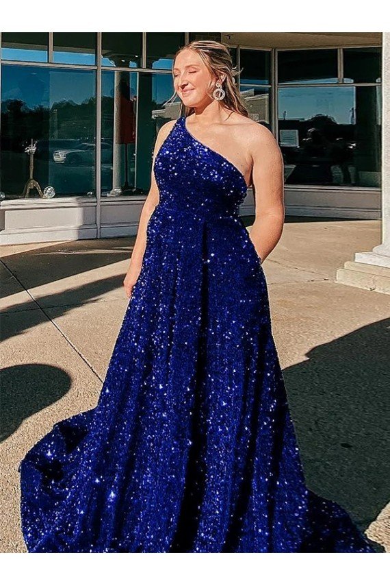 A-Line One Shoulder Sleeveless Long Sweep Train Velvet Sequin Evening Dress with Pockets