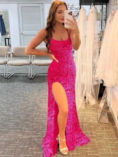 Spaghetti Straps Sleeveless Long Velvet Sequin Evening Dress with Slit and Criss Cross Open Back Canada