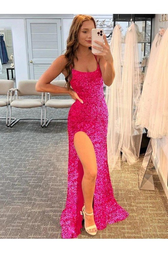 Spaghetti Straps Sleeveless Long Velvet Sequin Evening Dress with Slit and Criss Cross Open Back