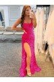 Spaghetti Straps Sleeveless Long Velvet Sequin Evening Dress with Slit and Criss Cross Open Back