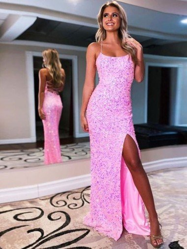 Spaghetti Straps Sleeveless Long Sweep Train Velvet Sequin Evening Dress with Slit Canada