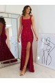 Square Neck Sleeveless Long Velvet Sequin Evening Dress with Slit