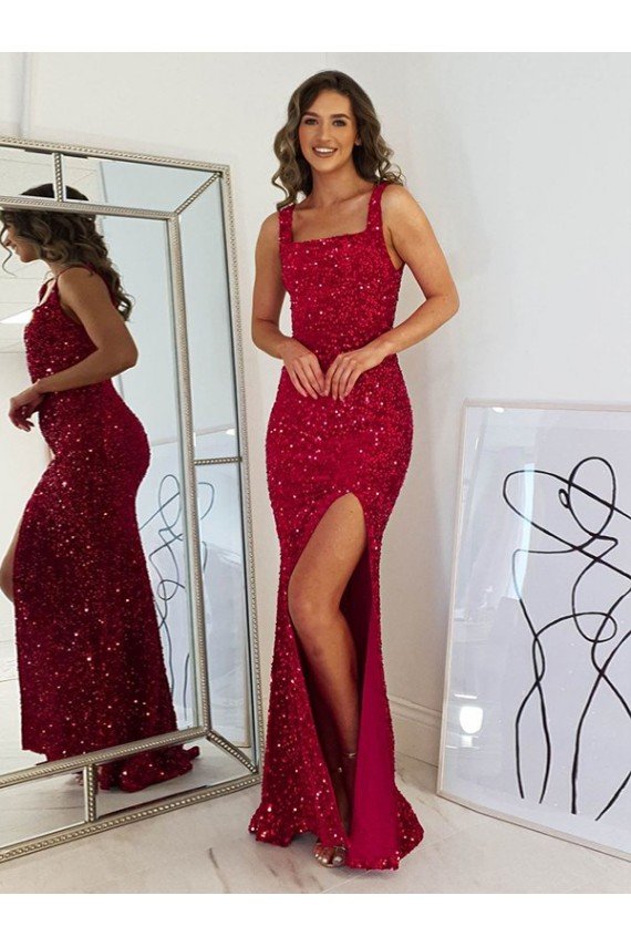 Square Neck Sleeveless Long Velvet Sequin Evening Dress with Slit