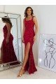 Square Neck Sleeveless Long Velvet Sequin Evening Dress with Slit