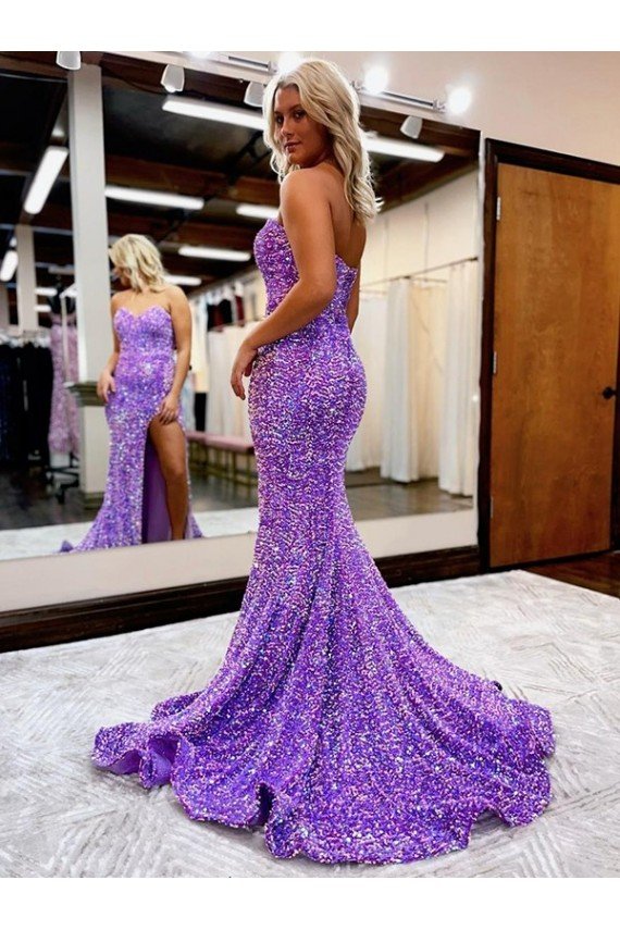 A-Line Sweetheart Sleeveless Long Velvet Sequin Evening Dress with Slit