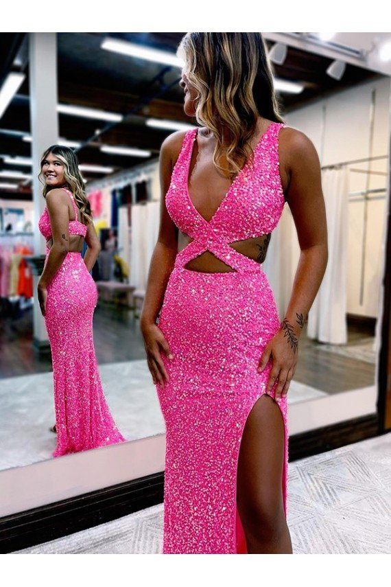 Long V-Neck Sleeveless Sweep Train Velvet Sequin Evening Dress with High Slit