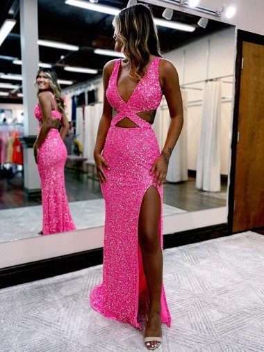 Long V-Neck Sleeveless Sweep Train Velvet Sequin Evening Dress with High Slit Canada