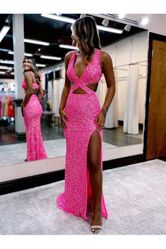 Long V-Neck Sleeveless Sweep Train Velvet Sequin Evening Dress with High Slit