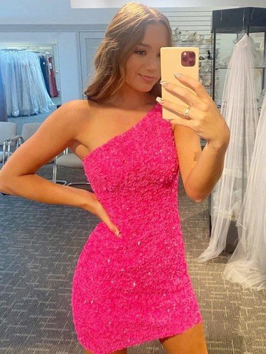 Short One Shoulder Sleeveless Velvet Sequin Evening Dress Canada
