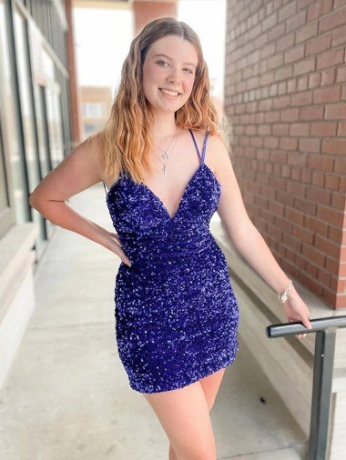 Sleeveless Short Velvet Sequin V-Neck Evening Dress Canada