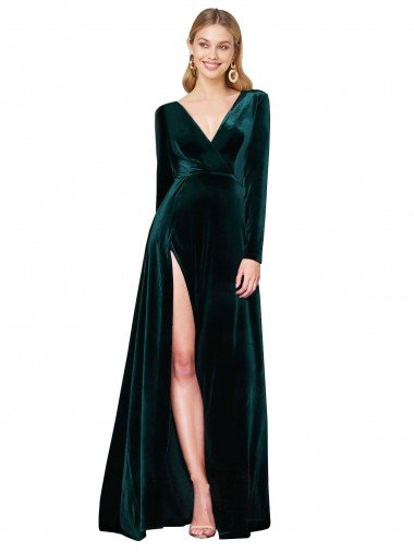 Deep V-Neck Long Sleeves Velvet Evening Dress with High Side Split Canada