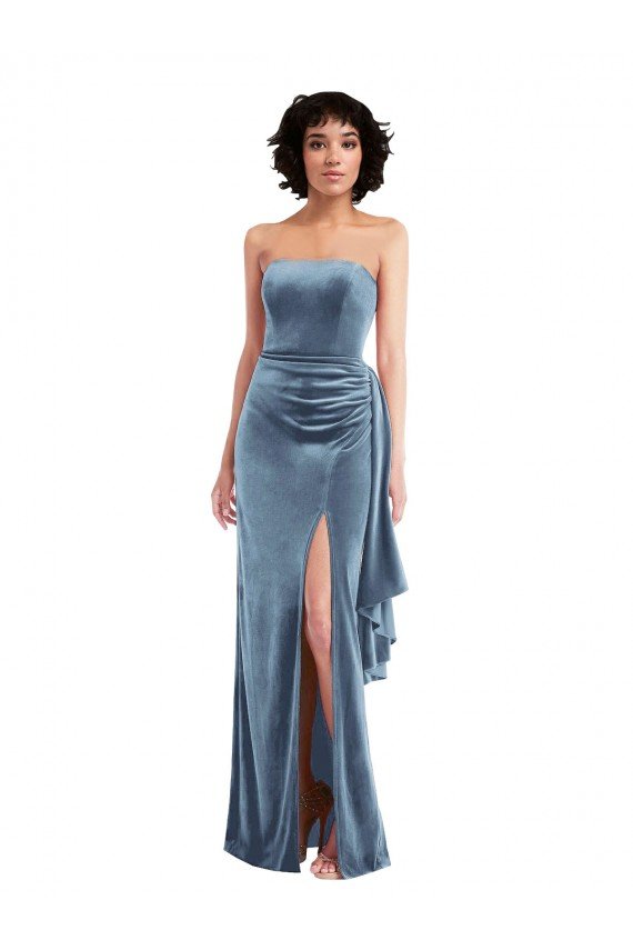 Strapless Velvet Evening Maxi Dress with Draped Skirt