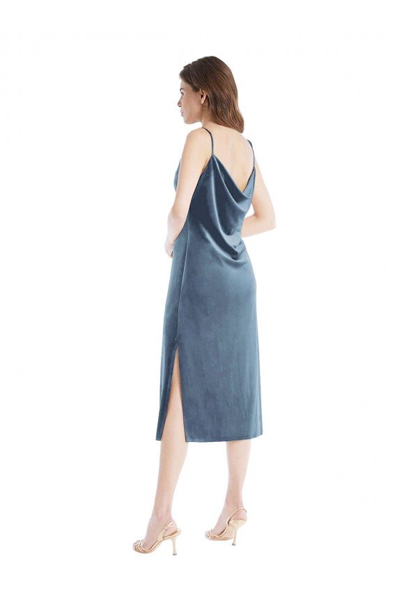 Midi Length Asymmetrical One Shoulder Velvet Slip Evening Dress