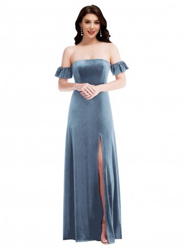 Ruffle Sleeve Off the Shoulder Velvet Evening Maxi Dress Canada