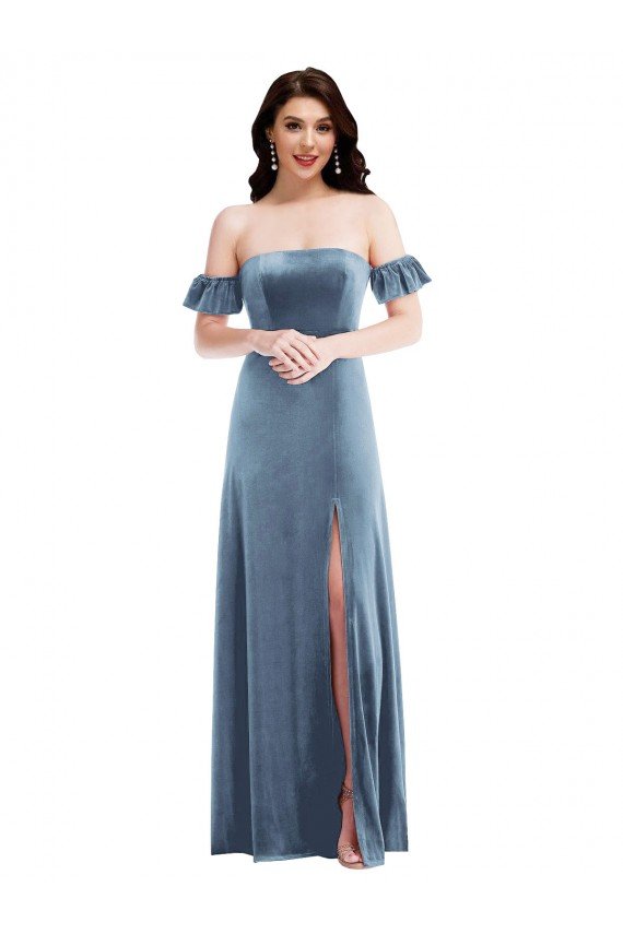 Ruffle Sleeve Off the Shoulder Velvet Evening Maxi Dress