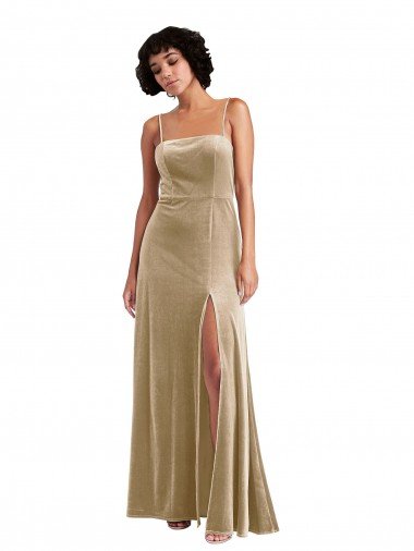 Square Neck Velvet Evening Maxi Dress with Front Slit & Pocket Canada