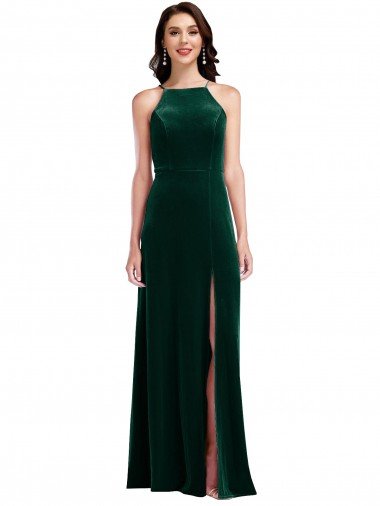 Velvet Halter Evening Maxi Dress with Front Slit Canada