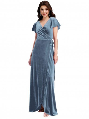 Flutter Sleeve Velvet Wrap Evening Maxi Dress with Pockets Canada