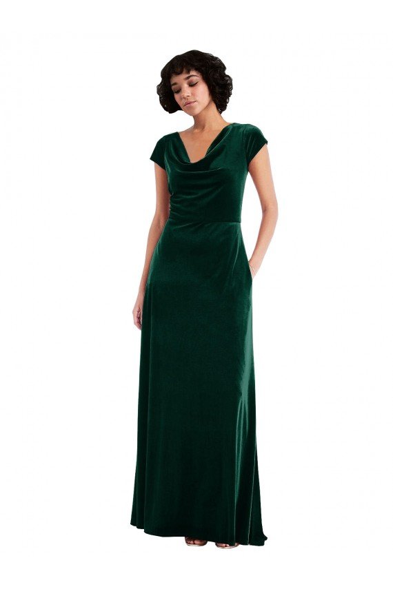 Cowl Neck Cap Sleeve Velvet Evening Maxi Dress with Pockets