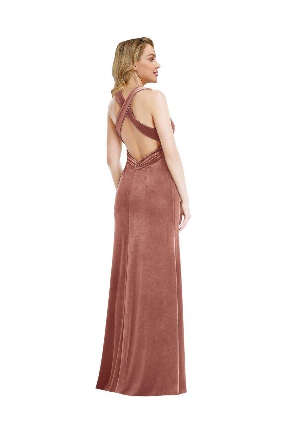 Plunging Neckline Velvet Evening Maxi Dress with Criss Cross Open Back