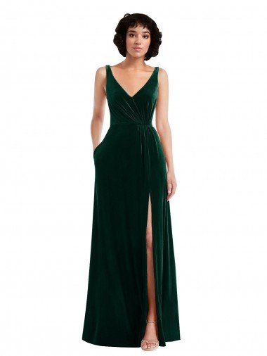 Floor Length Velvet Evening Maxi Dress with Shirred Bodice and Front Slit Canada