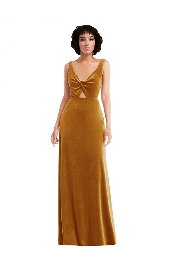 Twist Front Cutout Velvet Evening Maxi Dress with Pockets