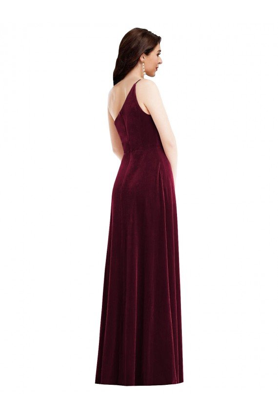 One Shoulder Spaghetti Strap Velvet Evening Maxi Dress with Pockets